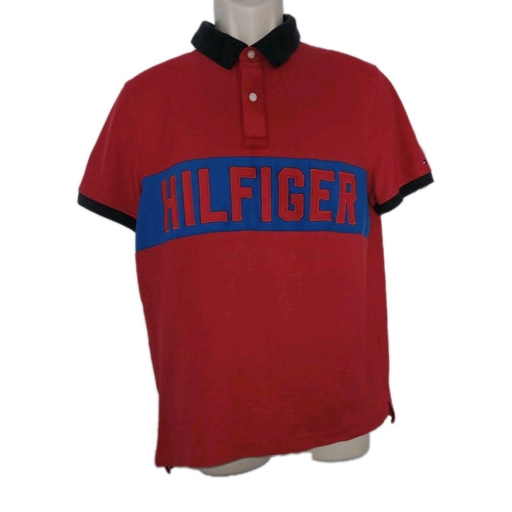 Tommy Hilfiger Polo Shirt Block Letter Rugby 90's Streetwear Men's M Custom fit